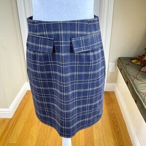 ModCloth Skirt Short Pencil Plaid Blue Metallic Accents Faux Front Pockets (S)